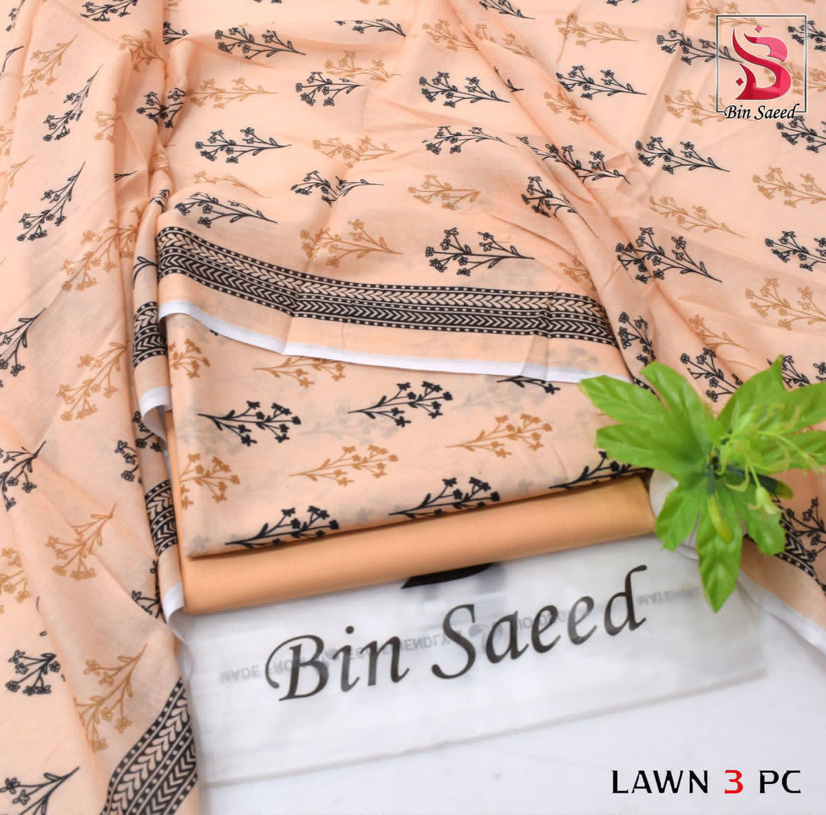 Digital Printed Lawn - 3-Piece Unstitched Collection; Peach Botanical, actual fabric and design detail.