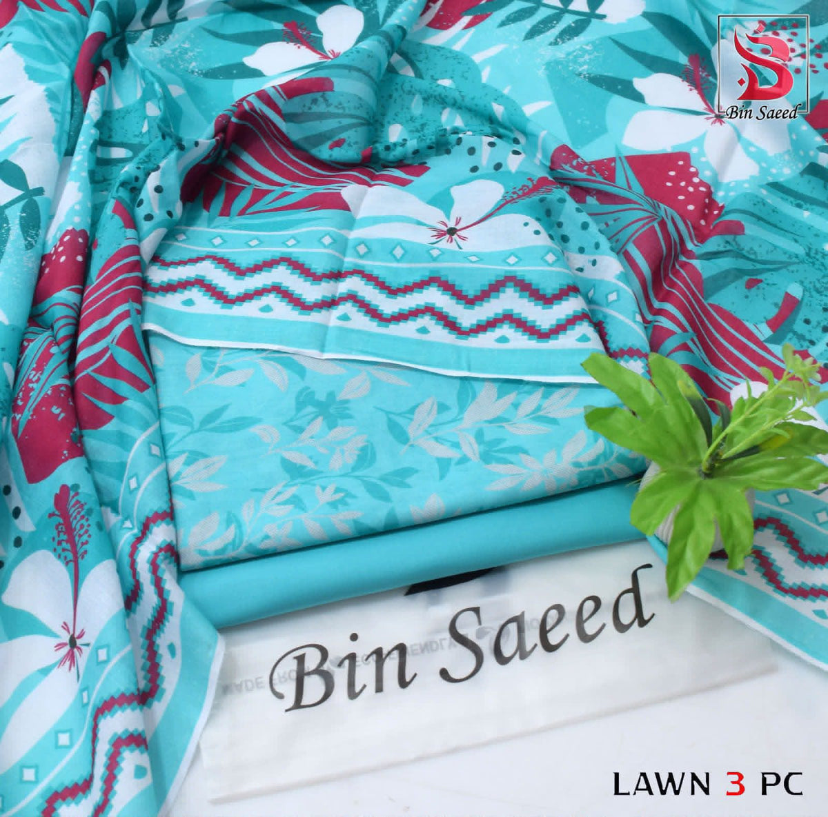 Digital Printed Lawn - 3-Piece Unstitched Collection; Turquoise Geometric, actual fabric and design detail.
