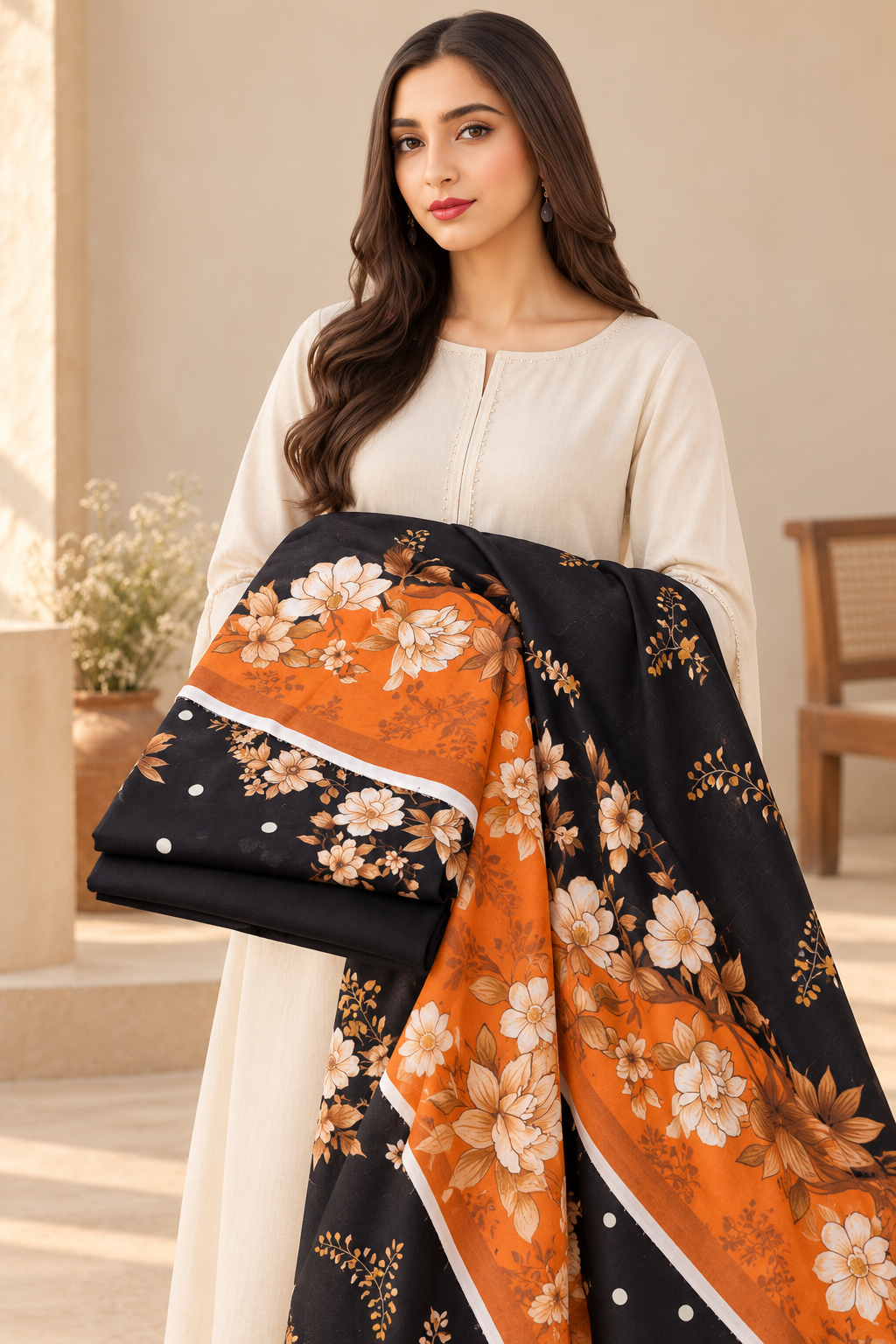 Woman holding the black and orange printed lawn unstitched fabric set.