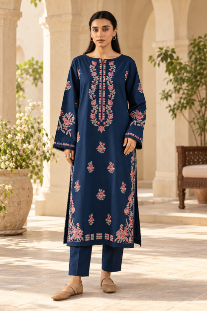 Floral Neckline Dhanak - 2-Piece Unstitched Suit; Navy Rose, front model styling view. Supplied unstitched.