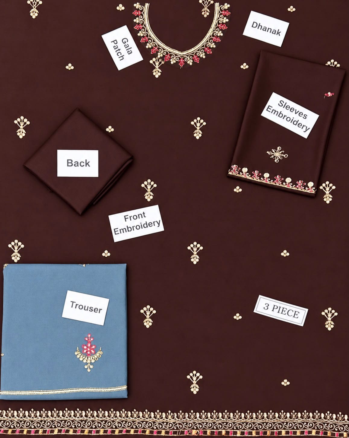 Girls Embroidered Dhanak - 2-Piece Unstitched Suit; Burgundy, actual fabric and design detail.