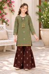 Girls Embroidered Dhanak - 2-Piece Unstitched Suit; Sage and Burgundy, front model styling view. Supplied unstitched.
