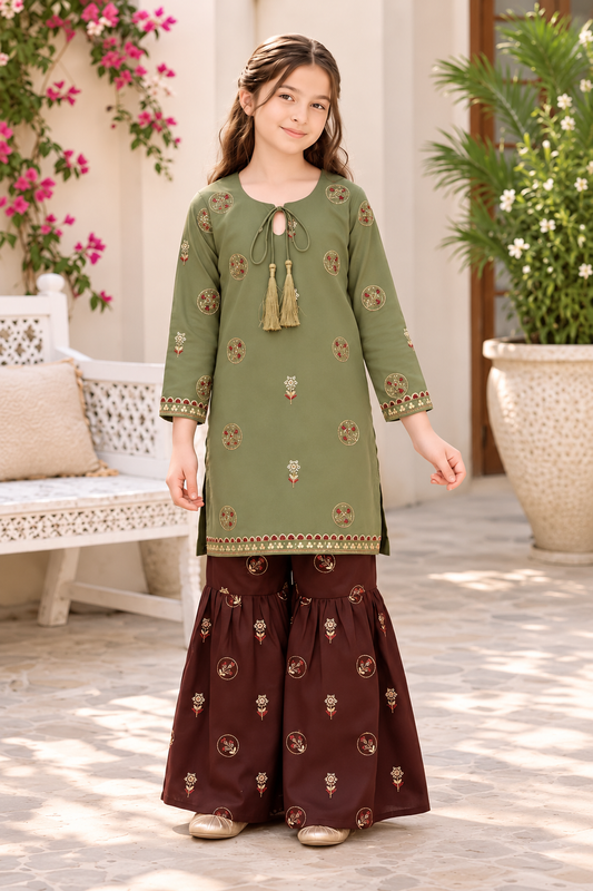 Girls Embroidered Dhanak - 2-Piece Unstitched Suit; Sage and Burgundy, front model styling view. Supplied unstitched.