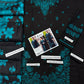 1386 Black and Teal Dhanak - 3-Piece Unstitched Suit; Black and Teal, actual fabric and design detail.