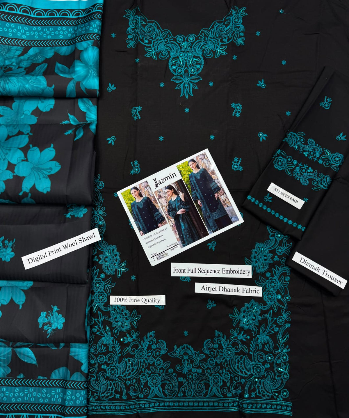 1386 Black and Teal Dhanak - 3-Piece Unstitched Suit; Black and Teal, actual fabric and design detail.