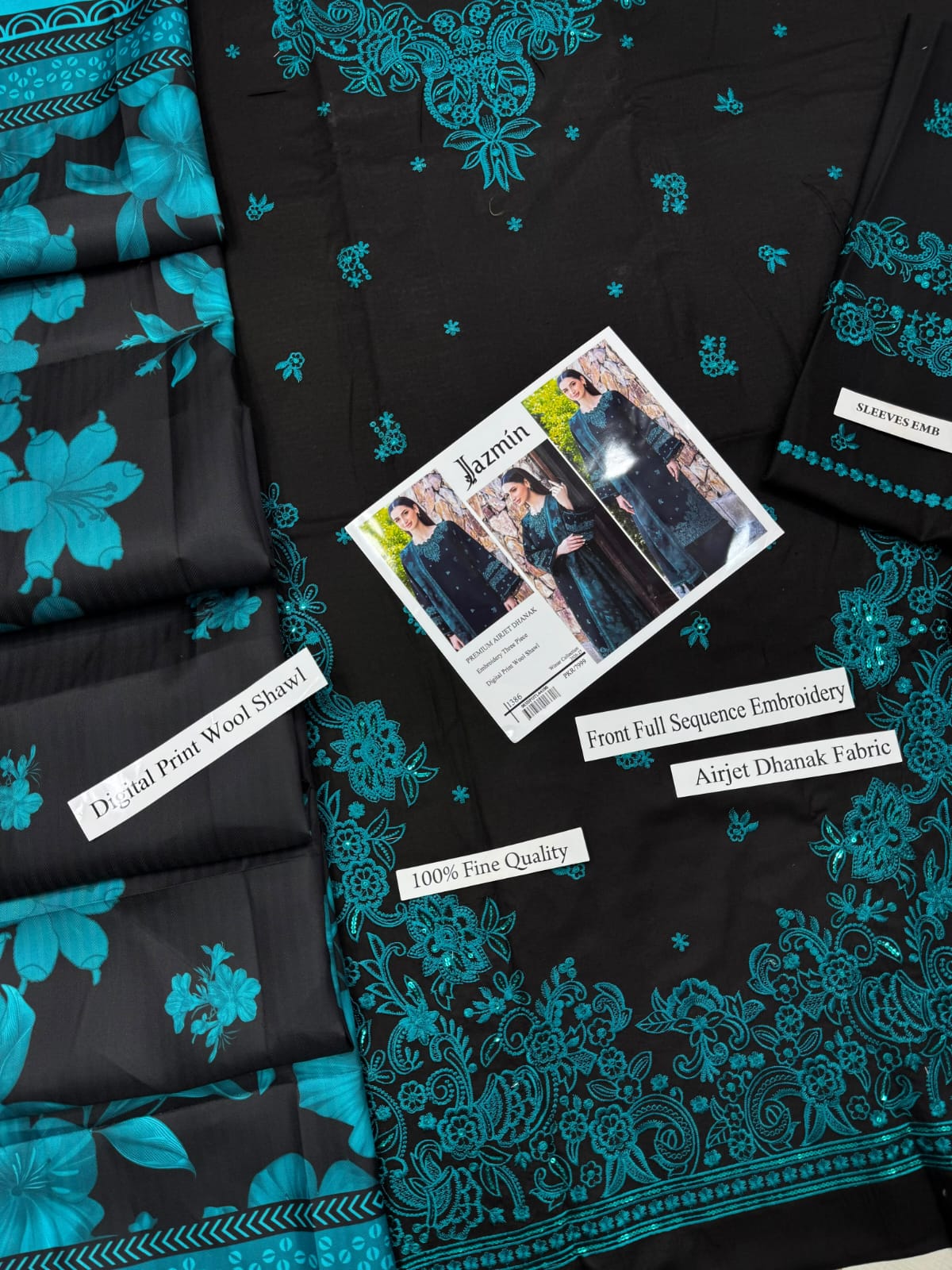 1386 Black and Teal Dhanak - 3-Piece Unstitched Suit; Black and Teal, actual fabric and design detail.