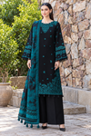 1386 Black and Teal Dhanak - 3-Piece Unstitched Suit; Black and Teal, front model styling view. Supplied unstitched.