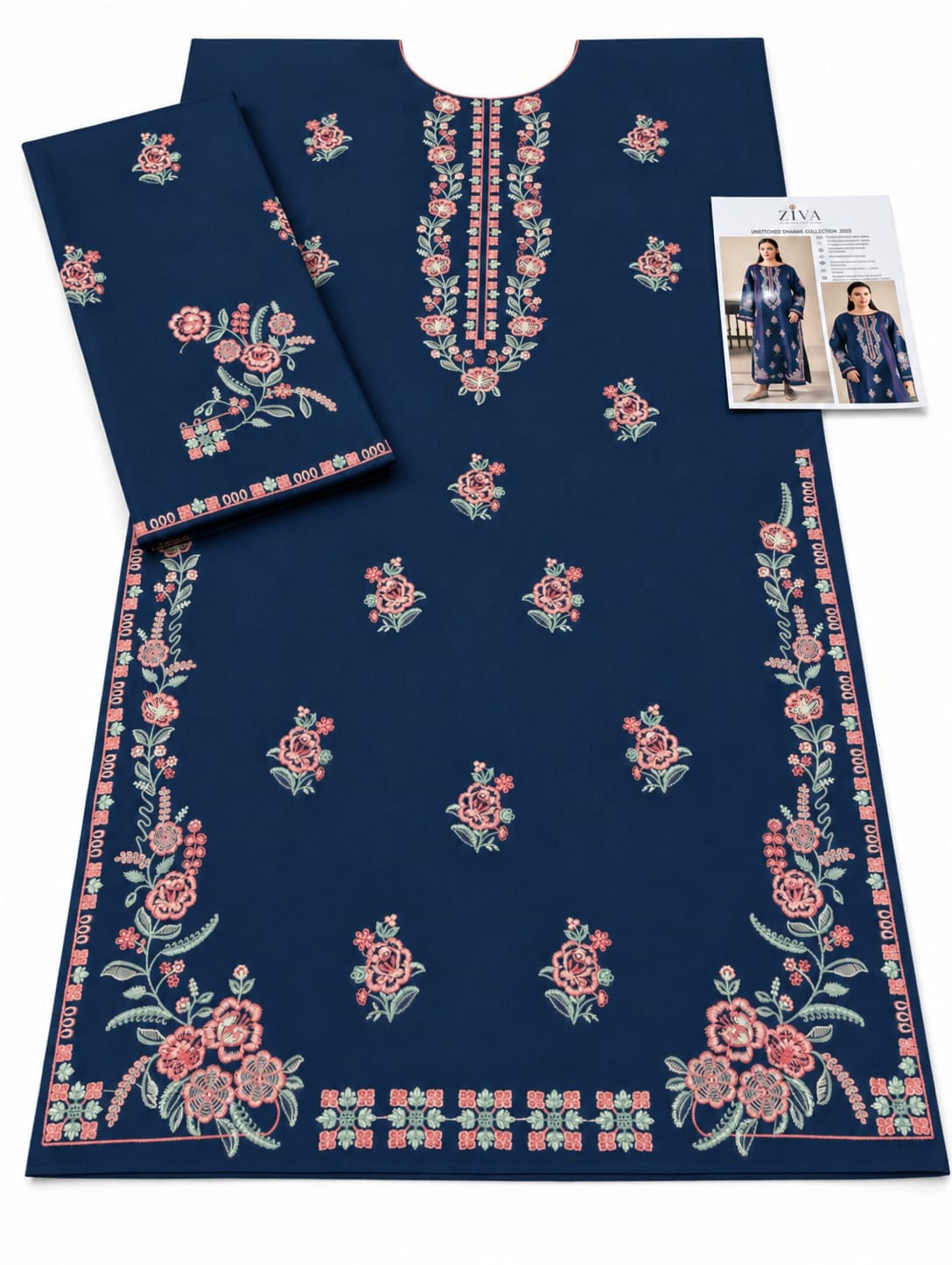 Floral Neckline Dhanak - 2-Piece Unstitched Suit; Navy Rose, actual fabric and embroidery detail.