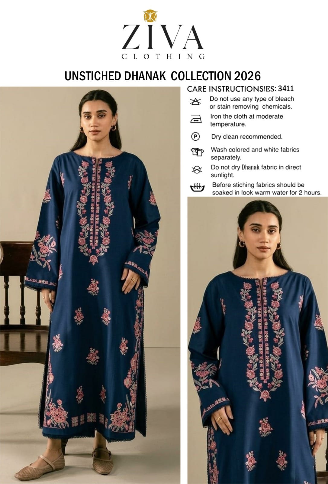 Floral Neckline Dhanak - 2-Piece Unstitched Suit; Navy Rose, original model view.