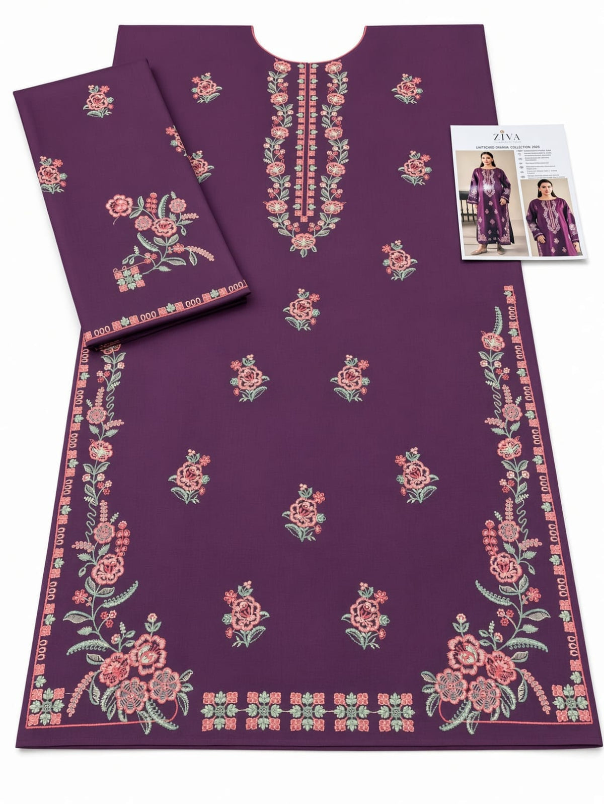 Floral Neckline Dhanak - 2-Piece Unstitched Suit; Plum Rose, actual fabric and embroidery detail.