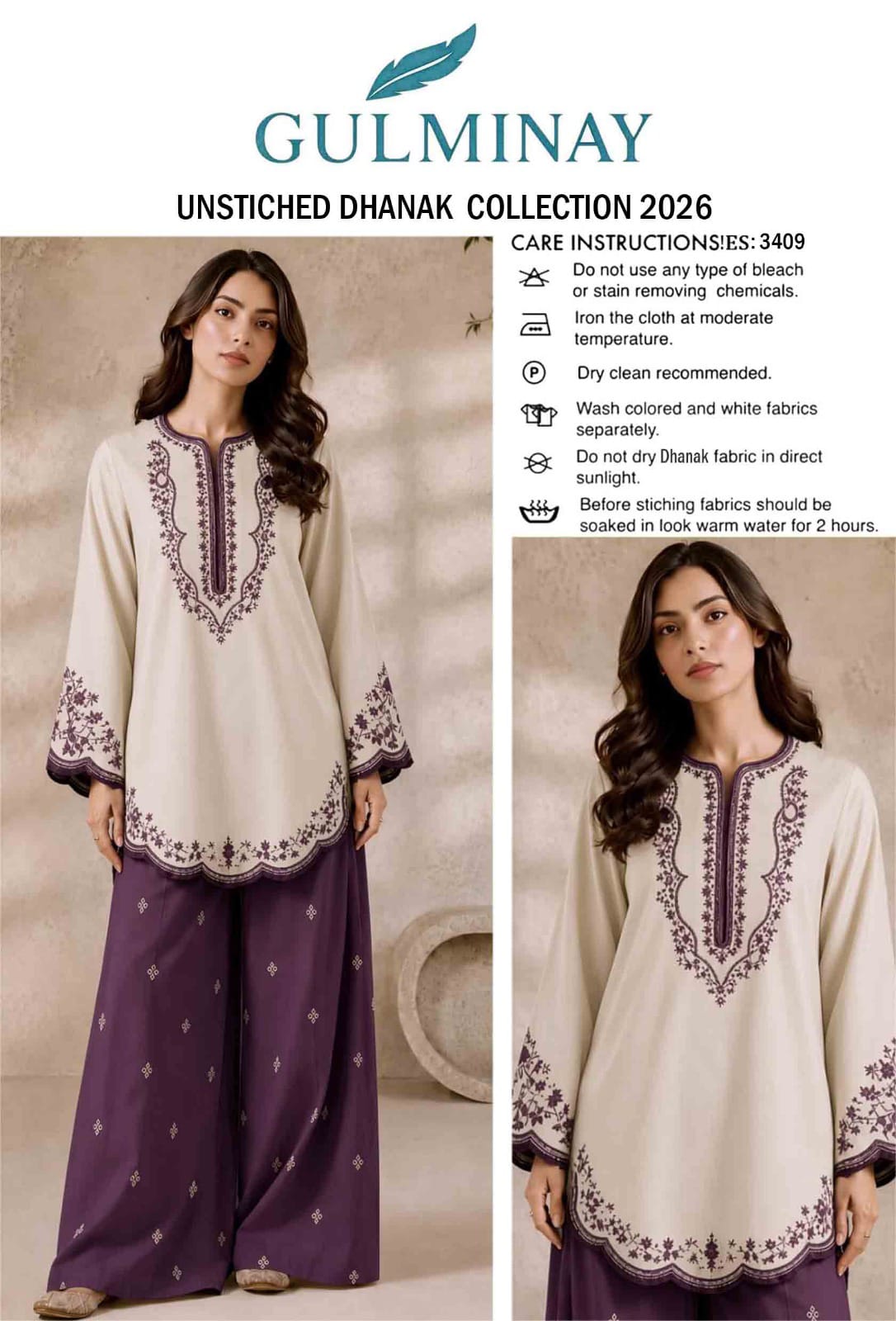 Scalloped Hem Dhanak - 2-Piece Unstitched Suit; Ivory and Plum, original model view.