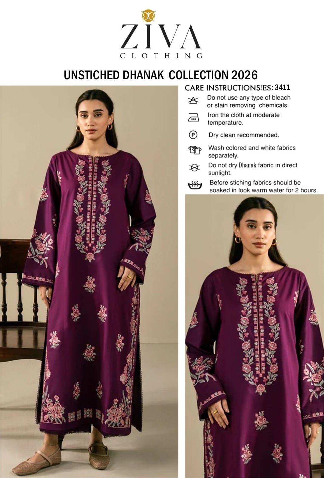 Floral Neckline Dhanak - 2-Piece Unstitched Suit; Plum Rose, original model view.