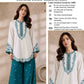 Scalloped Hem Dhanak - 2-Piece Unstitched Suit; Ivory and Teal, original model view.