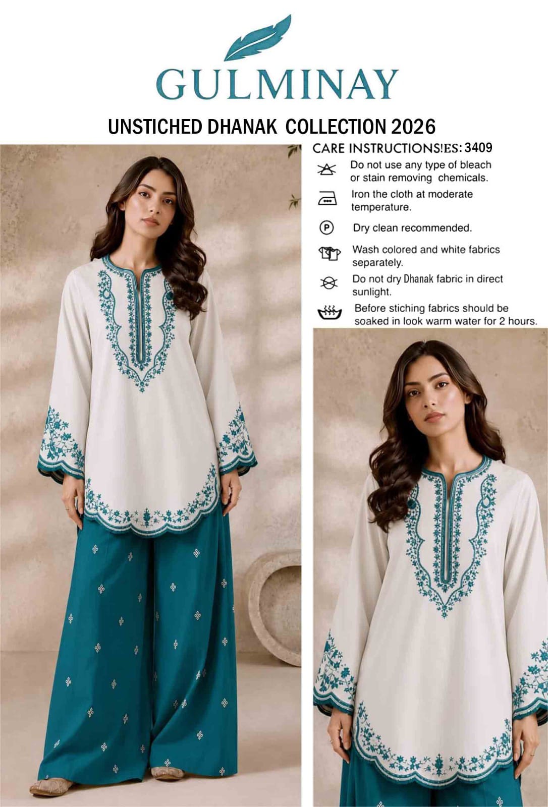 Scalloped Hem Dhanak - 2-Piece Unstitched Suit; Ivory and Teal, original model view.