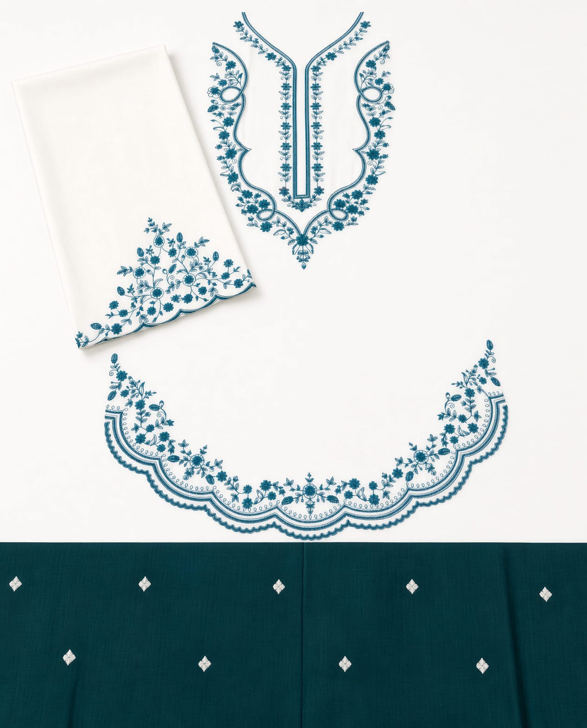 Scalloped Hem Dhanak - 2-Piece Unstitched Suit; Ivory and Teal, actual fabric and embroidery detail.