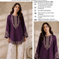 Scalloped Hem Dhanak - 2-Piece Unstitched Suit; Plum and Ivory, original model view.