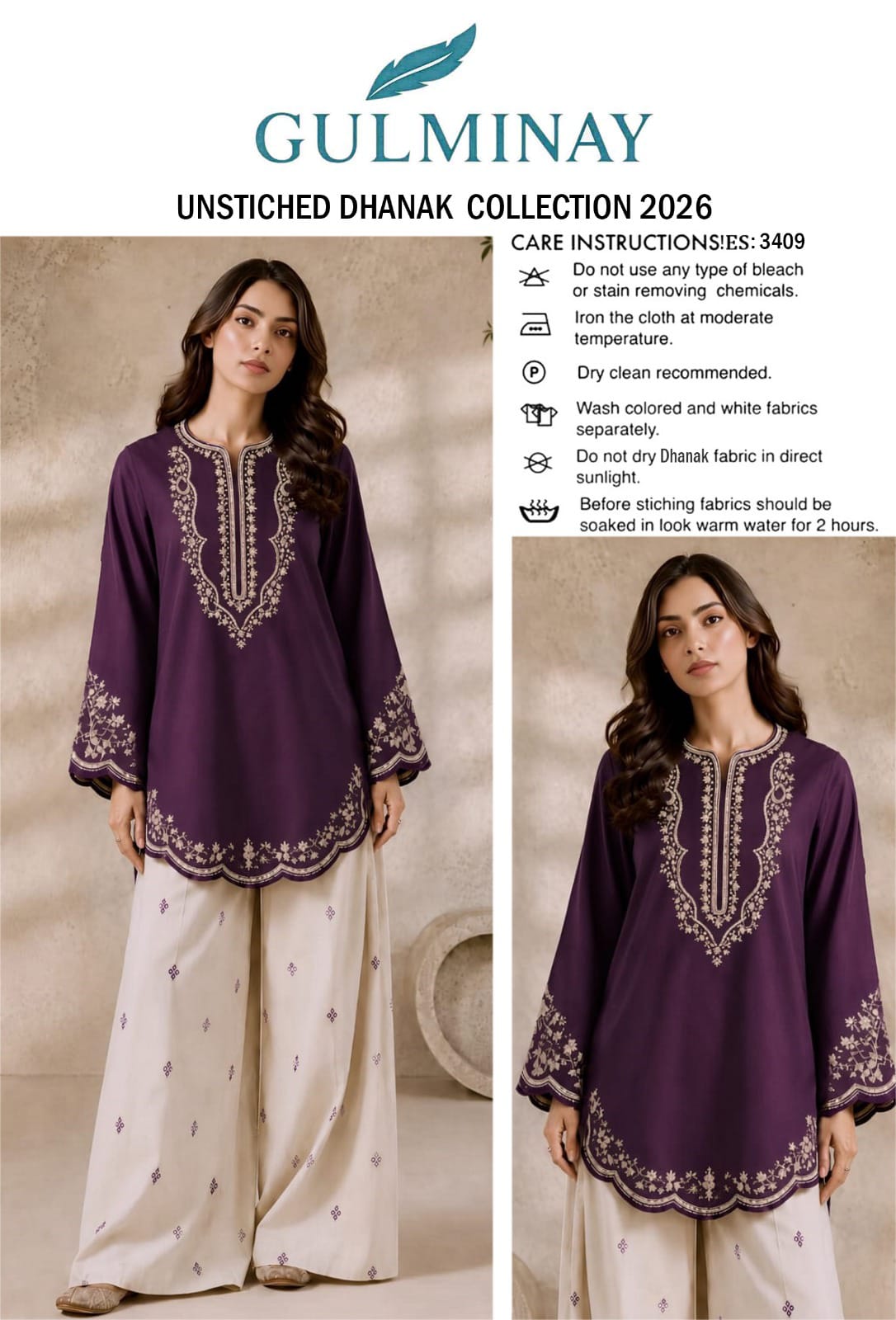 Scalloped Hem Dhanak - 2-Piece Unstitched Suit; Plum and Ivory, original model view.