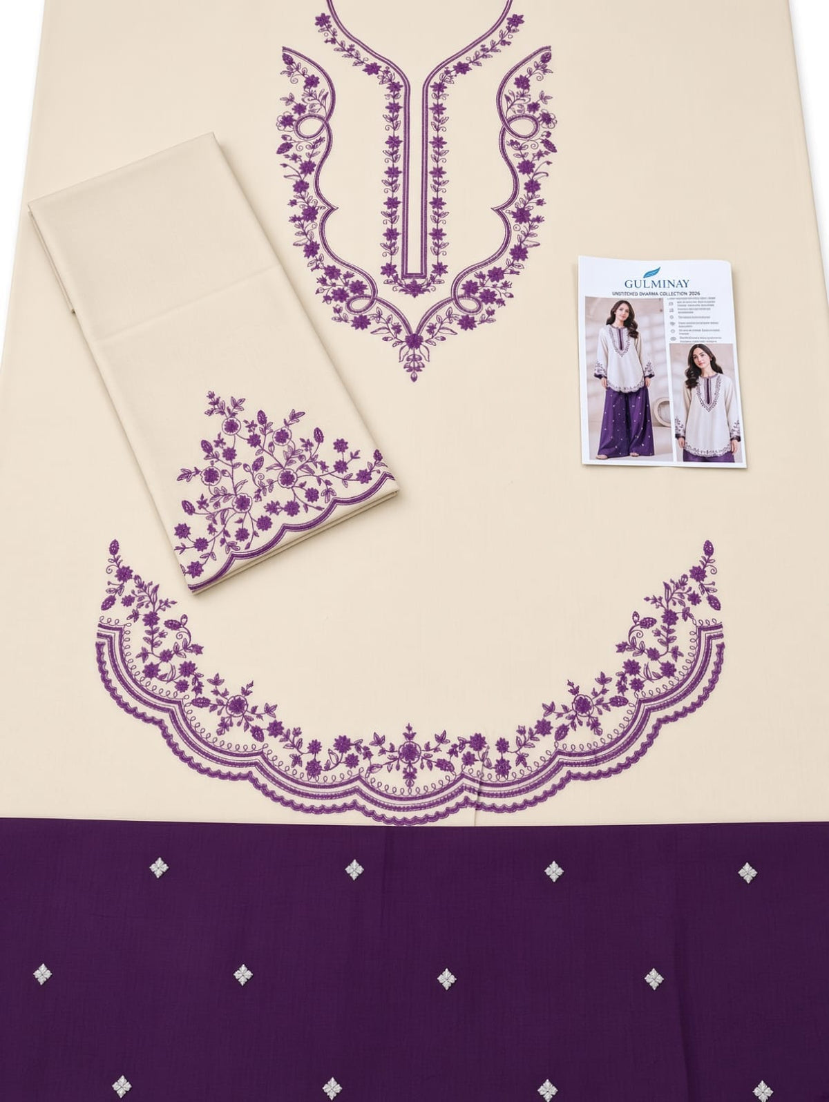 Scalloped Hem Dhanak - 2-Piece Unstitched Suit; Ivory and Plum, actual fabric and embroidery detail.