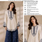 Scalloped Hem Dhanak - 2-Piece Unstitched Suit; Ivory and Navy, original model view.