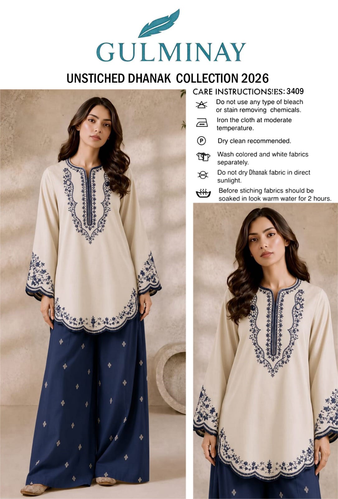 Scalloped Hem Dhanak - 2-Piece Unstitched Suit; Ivory and Navy, original model view.