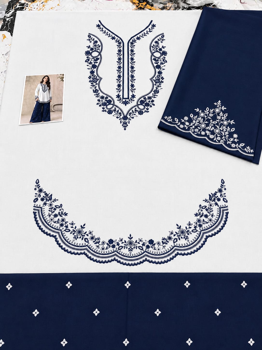 Scalloped Hem Dhanak - 2-Piece Unstitched Suit; Ivory and Navy, actual fabric and embroidery detail.