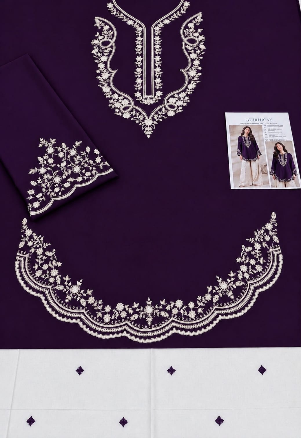 Scalloped Hem Dhanak - 2-Piece Unstitched Suit; Plum and Ivory, actual fabric and embroidery detail.