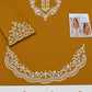 Scalloped Hem Dhanak - 2-Piece Unstitched Suit; Mustard and Ivory, actual fabric and embroidery detail.
