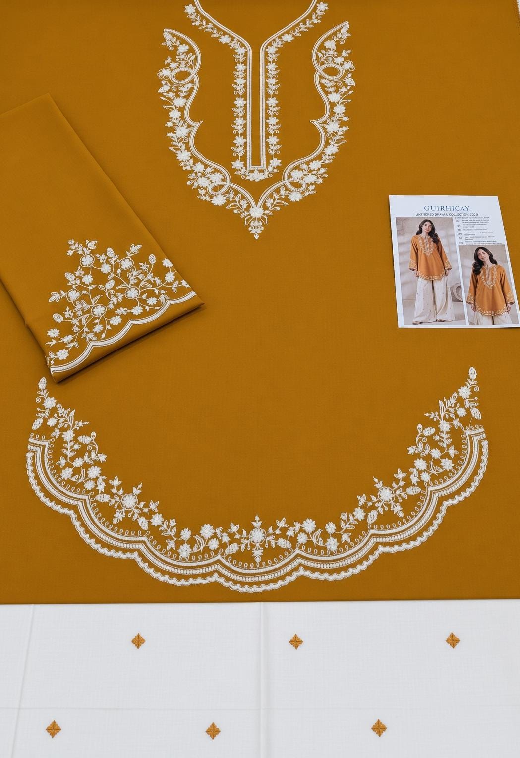 Scalloped Hem Dhanak - 2-Piece Unstitched Suit; Mustard and Ivory, actual fabric and embroidery detail.