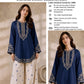 Scalloped Hem Dhanak - 2-Piece Unstitched Suit; Navy and Ivory, original model view.