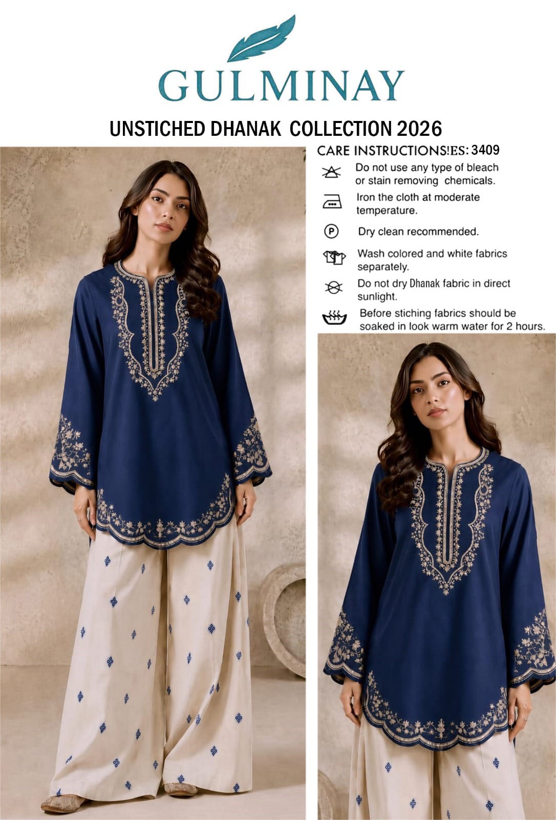 Scalloped Hem Dhanak - 2-Piece Unstitched Suit; Navy and Ivory, original model view.