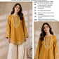 Scalloped Hem Dhanak - 2-Piece Unstitched Suit; Mustard and Ivory, original model view.