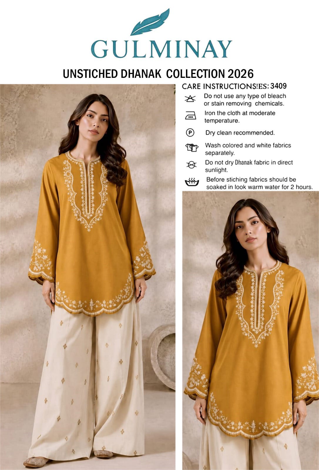 Scalloped Hem Dhanak - 2-Piece Unstitched Suit; Mustard and Ivory, original model view.