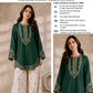 Scalloped Hem Dhanak - 2-Piece Unstitched Suit; Forest Green and Ivory, original model view.