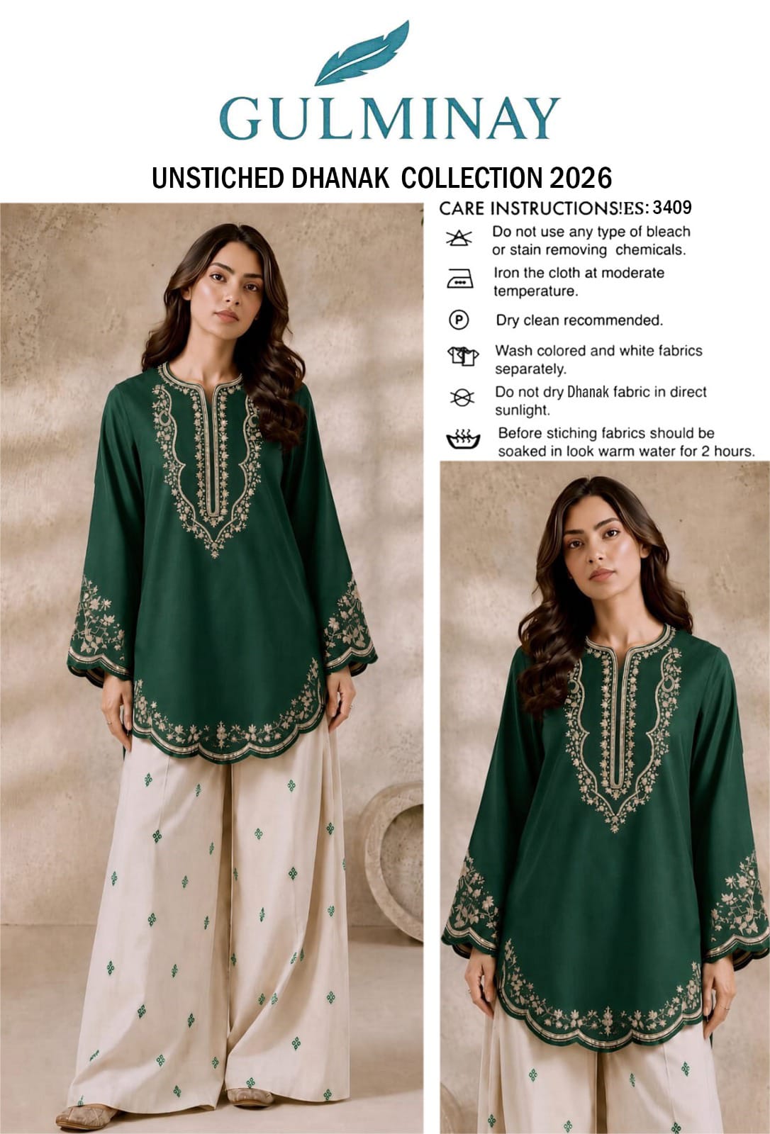 Scalloped Hem Dhanak - 2-Piece Unstitched Suit; Forest Green and Ivory, original model view.