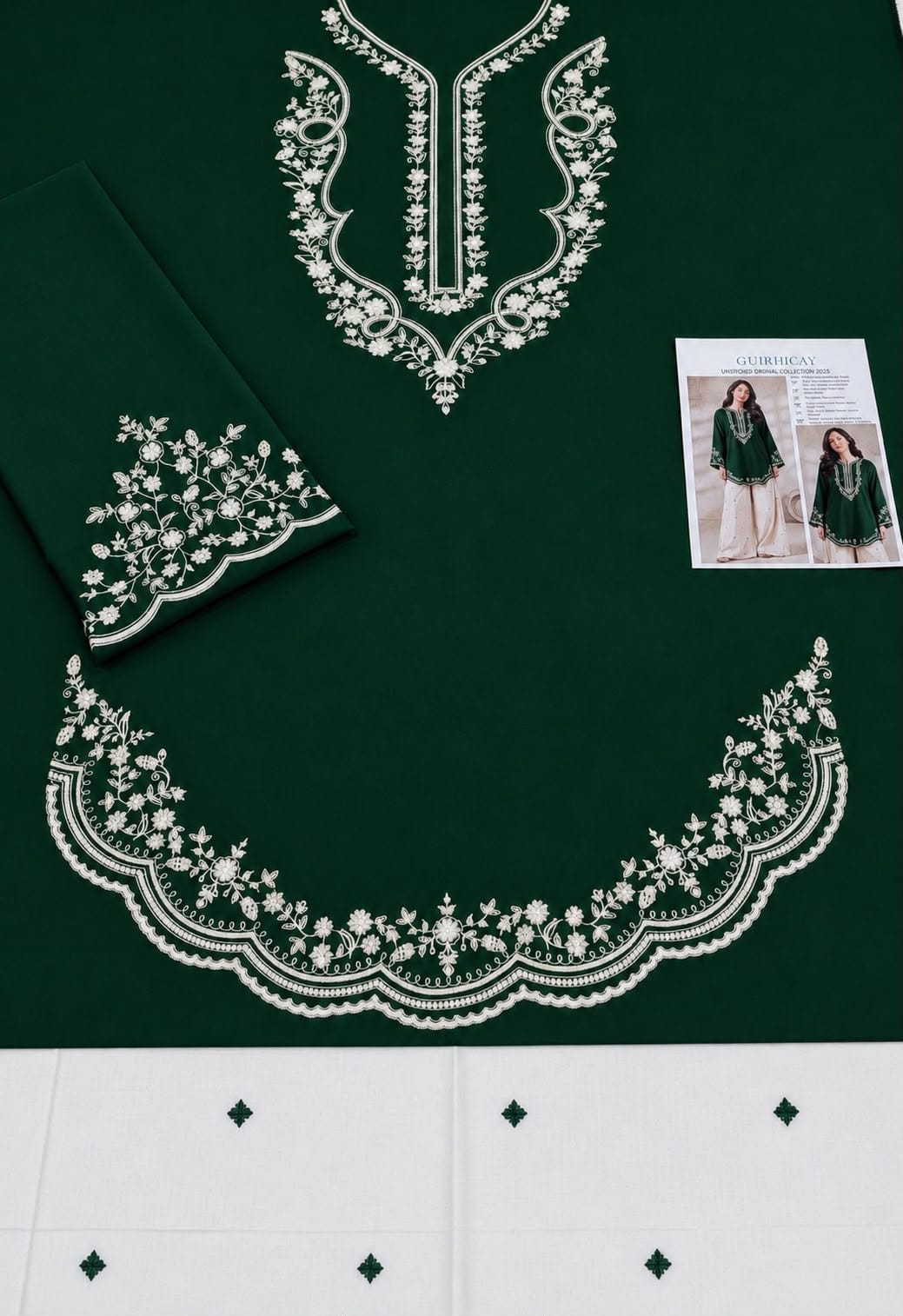 Scalloped Hem Dhanak - 2-Piece Unstitched Suit; Forest Green and Ivory, actual fabric and embroidery detail.