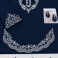 Scalloped Hem Dhanak - 2-Piece Unstitched Suit; Navy and Ivory, actual fabric and embroidery detail.