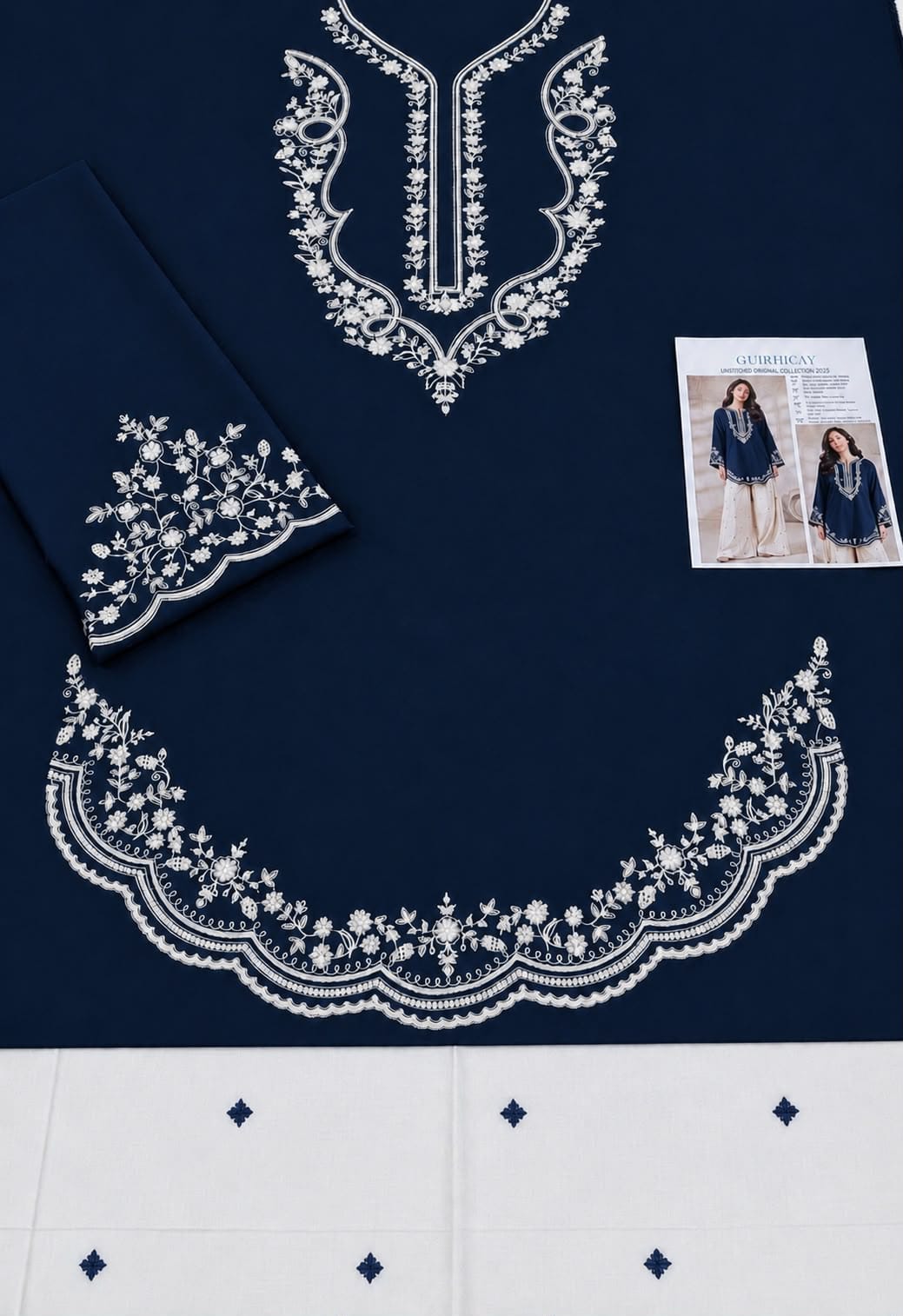Scalloped Hem Dhanak - 2-Piece Unstitched Suit; Navy and Ivory, actual fabric and embroidery detail.