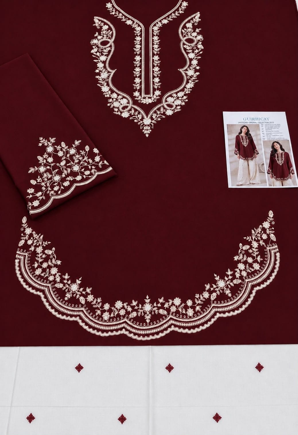 Scalloped Hem Dhanak - 2-Piece Unstitched Suit; Burgundy and Ivory, actual fabric and embroidery detail.