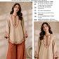 Scalloped Hem Dhanak - 2-Piece Unstitched Suit; Ivory and Rust, original model view.