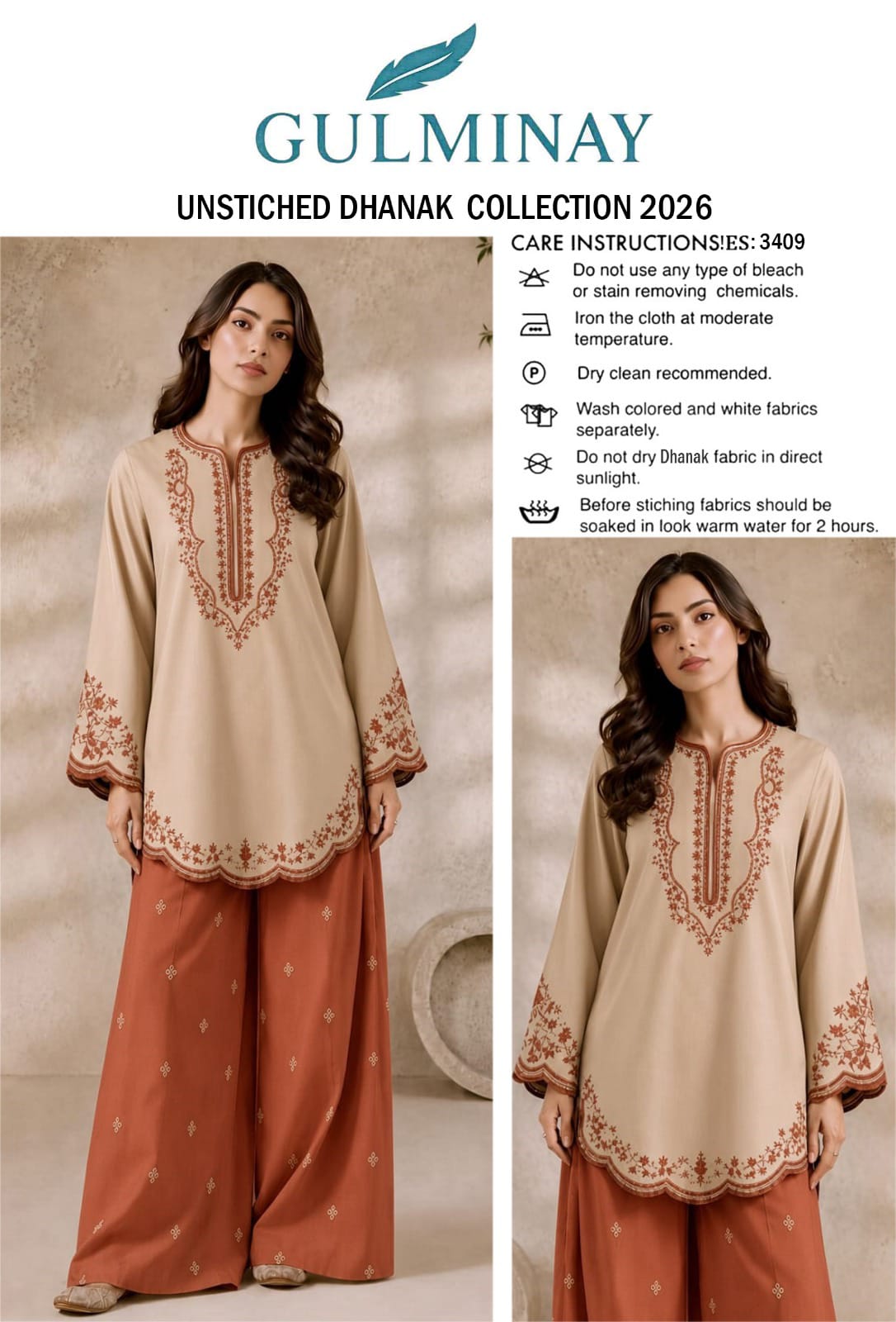 Scalloped Hem Dhanak - 2-Piece Unstitched Suit; Ivory and Rust, original model view.