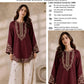 Scalloped Hem Dhanak - 2-Piece Unstitched Suit; Burgundy and Ivory, original model view.