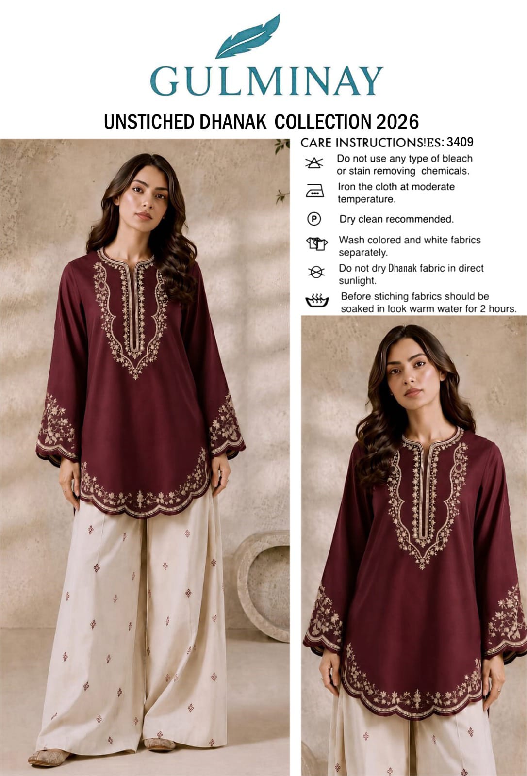 Scalloped Hem Dhanak - 2-Piece Unstitched Suit; Burgundy and Ivory, original model view.