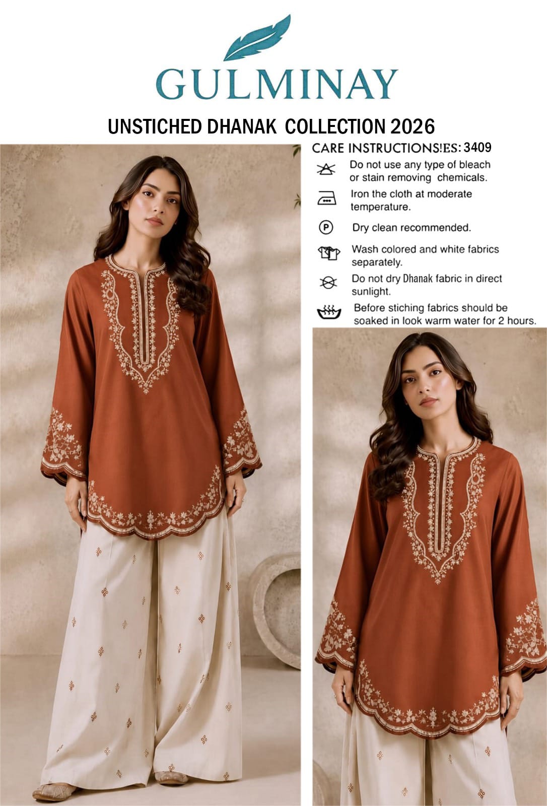 Scalloped Hem Dhanak - 2-Piece Unstitched Suit; Rust and Ivory, original model view.