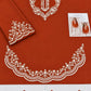Scalloped Hem Dhanak - 2-Piece Unstitched Suit; Rust and Ivory, actual fabric and embroidery detail.