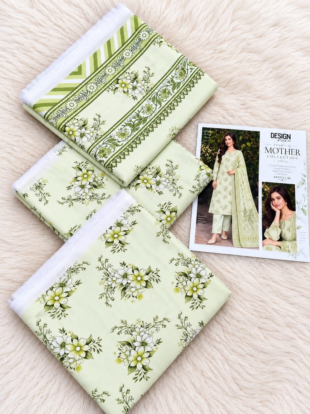 Pastel Printed Airjet Karandi - 3-Piece Unstitched Collection; Pistachio, actual fabric and design detail.