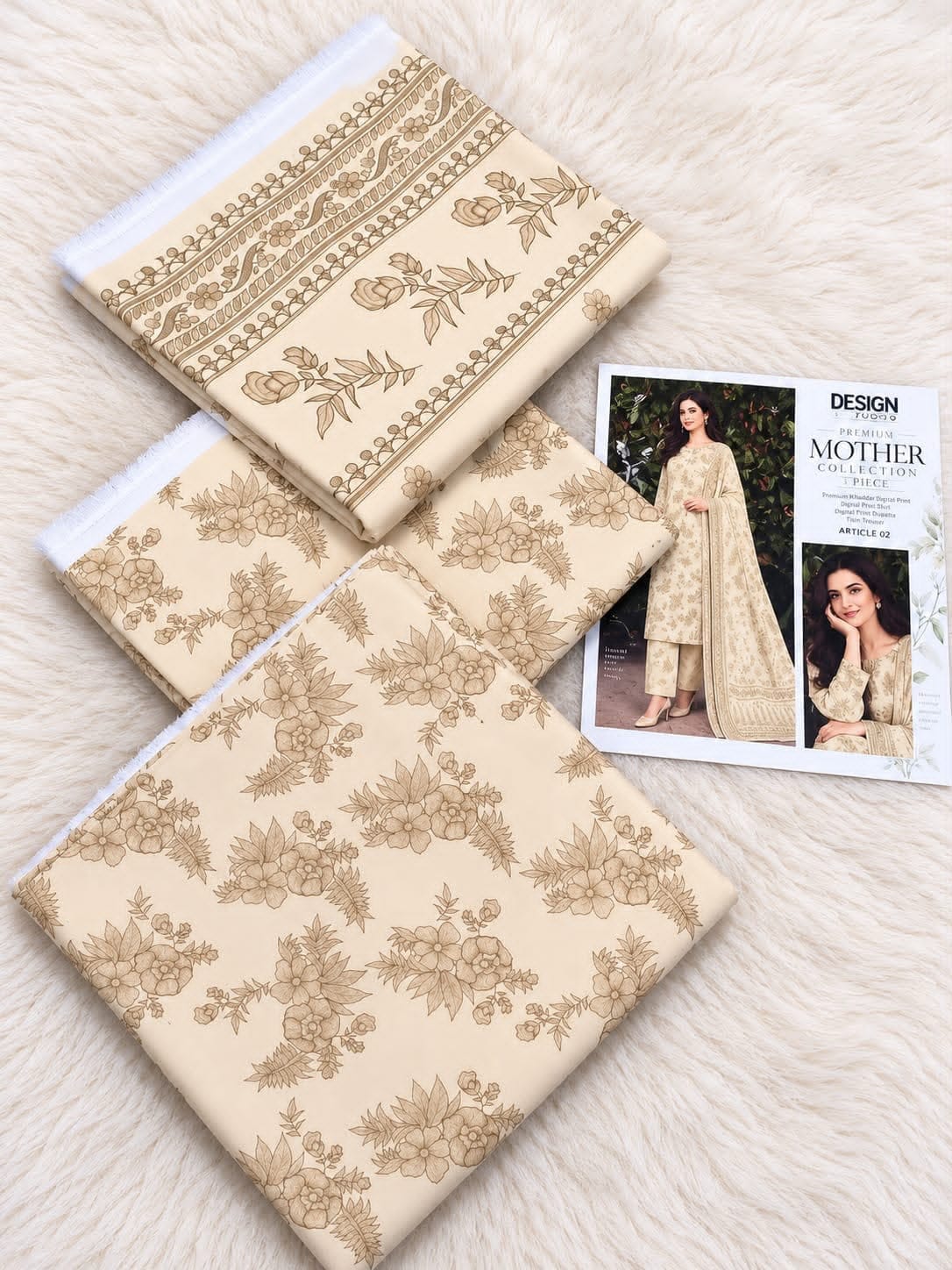 Pastel Printed Airjet Karandi - 3-Piece Unstitched Collection; Beige, actual fabric and design detail.