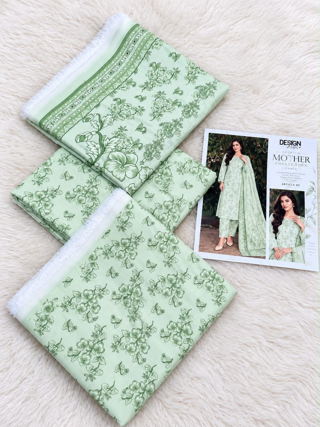 Pastel Printed Airjet Karandi - 3-Piece Unstitched Collection; Mint, actual fabric and design detail.