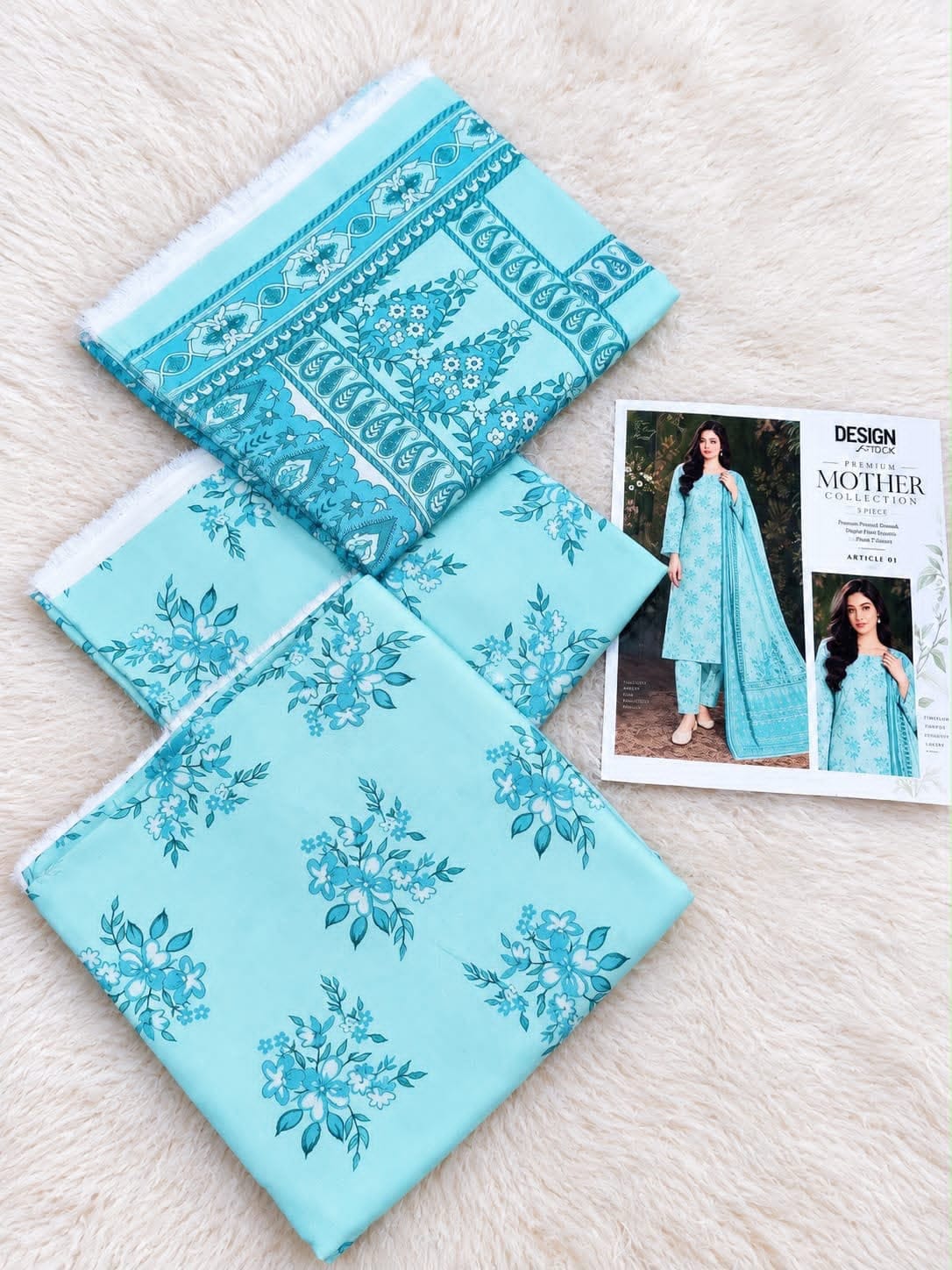 Pastel Printed Airjet Karandi - 3-Piece Unstitched Collection; Turquoise, actual fabric and design detail.