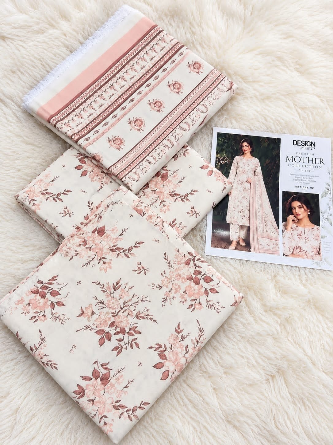 Pastel Printed Airjet Karandi - 3-Piece Unstitched Collection; Blush, actual fabric and design detail.