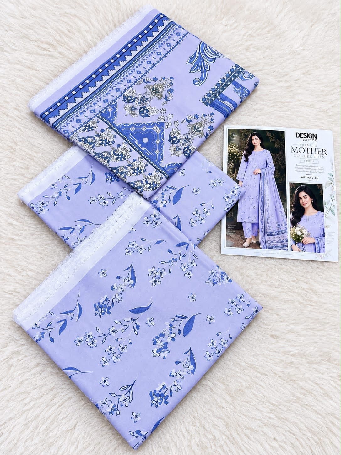 Pastel Printed Airjet Karandi - 3-Piece Unstitched Collection; Lilac, actual fabric and design detail.